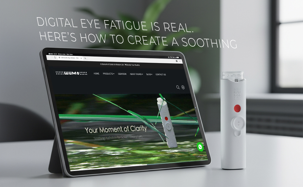 Ein Profi, der den WUMO-Augen meister am Schreibtisch zur Erleichterung der digitalen Augen ermüdung einsetzt